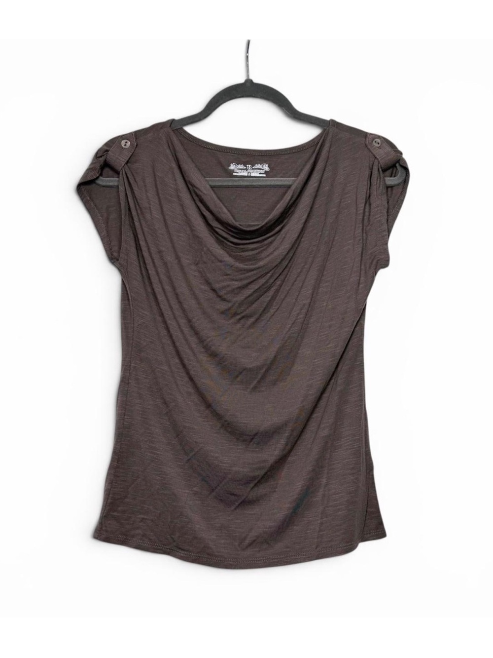 Royal Robbins Brown Cowl Neck Draped Buttoned Cap Sleeve Top